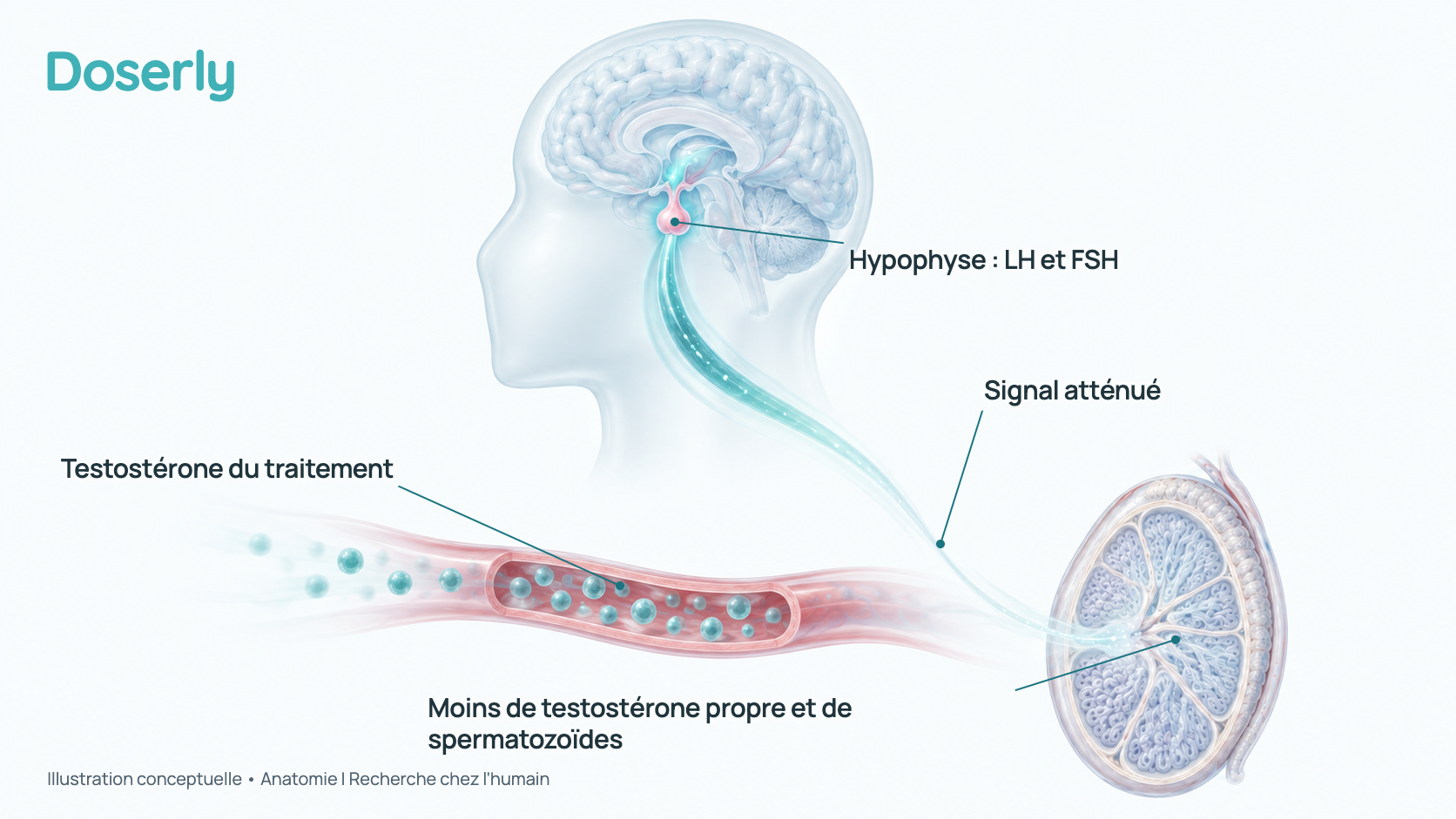 Illustration conceptuelle de l’hypophyse du cerveau reliée par un doux ruban de signal aux testicules, le ruban s’estompant là où la testostérone du traitement arrive dans la circulation sanguine. C’est un schéma de l’anatomie, pas un effet mesuré.
