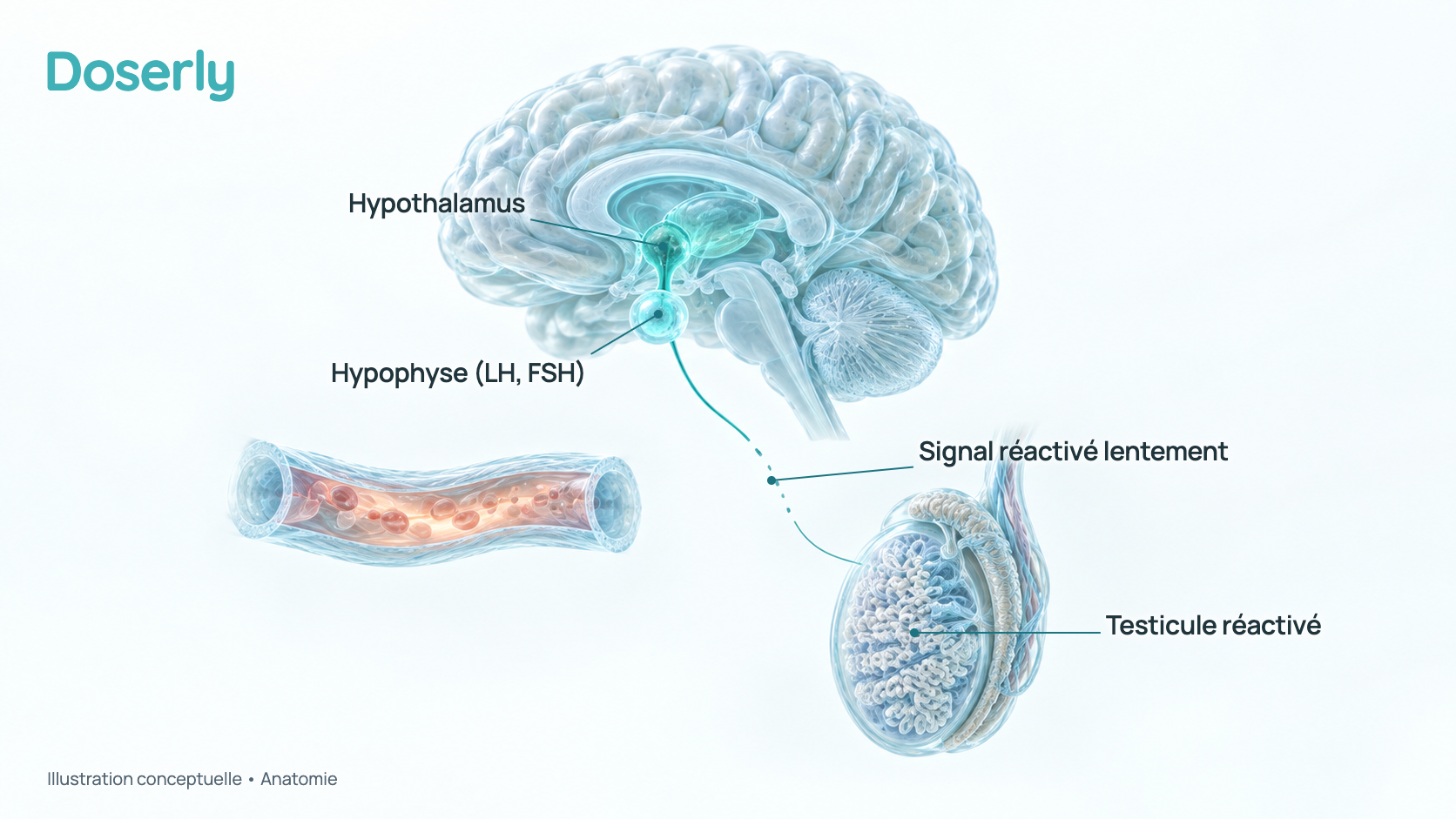 Illustration conceptuelle de l’hypothalamus et de l’hypophyse dans le cerveau, reliés à un testicule par une ligne de signal interrompue au milieu, avec un vaisseau sanguin à côté. C’est un schéma anatomique qui ne représente ni les quantités d’hormones ni le temps écoulé.