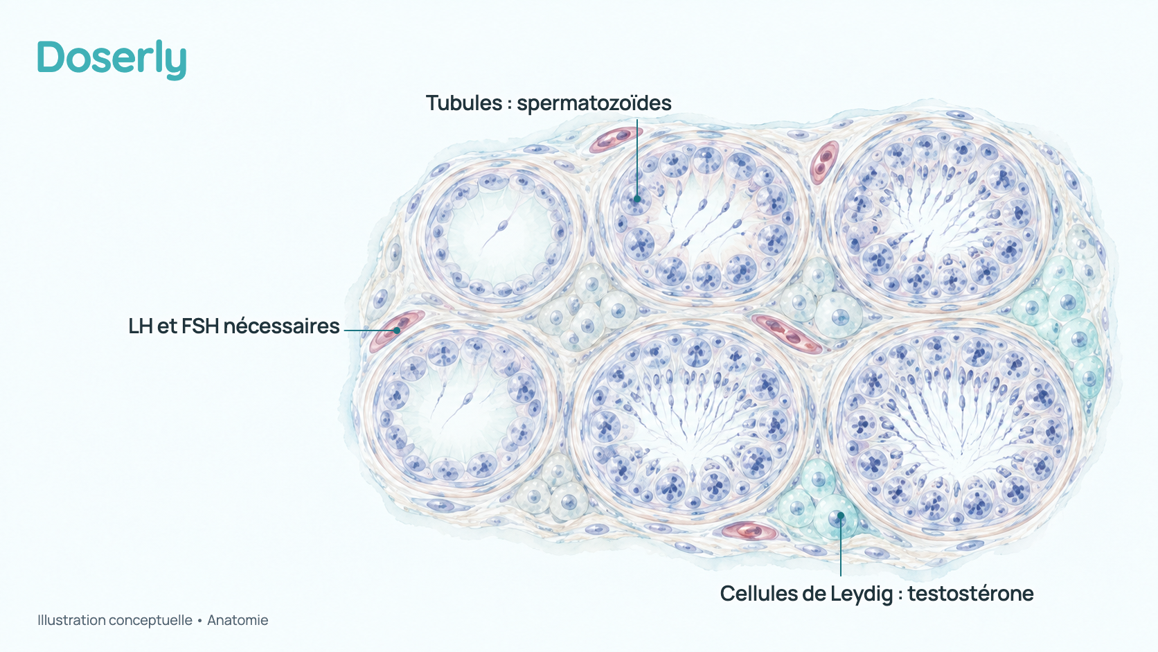 Coupe conceptuelle de tissu testiculaire montrant des tubules qui produisent les spermatozoïdes et, entre eux, des cellules de Leydig qui produisent la testostérone; certaines sont pâles et d’autres brillent à mesure que leur signal revient. C’est un schéma, pas de la microscopie.