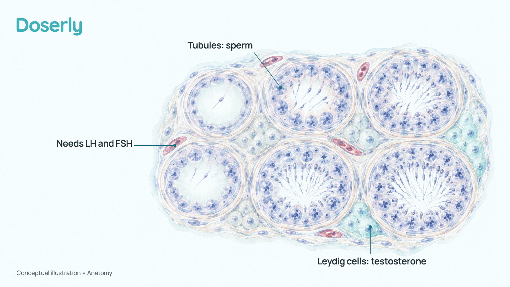 Conceptual cross-section of testicular tissue showing sperm-making tubules and, between them, testosterone-making Leydig cells, some faint and some glowing as their signal returns. It is a schematic, not microscopy.