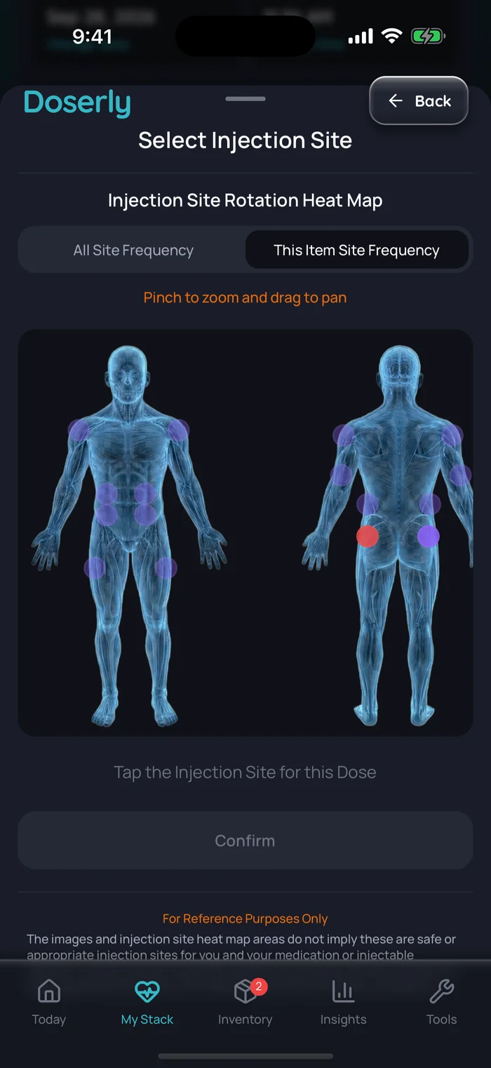 Écran Select Injection Site de Doserly (interface en anglais) pour un élément Sustanon 250 d’exemple, avec les silhouettes du corps de face et de dos et une carte thermique qui marque les sites de la fesse gauche et de la fesse droite utilisés pour des doses d’exemple antérieures.