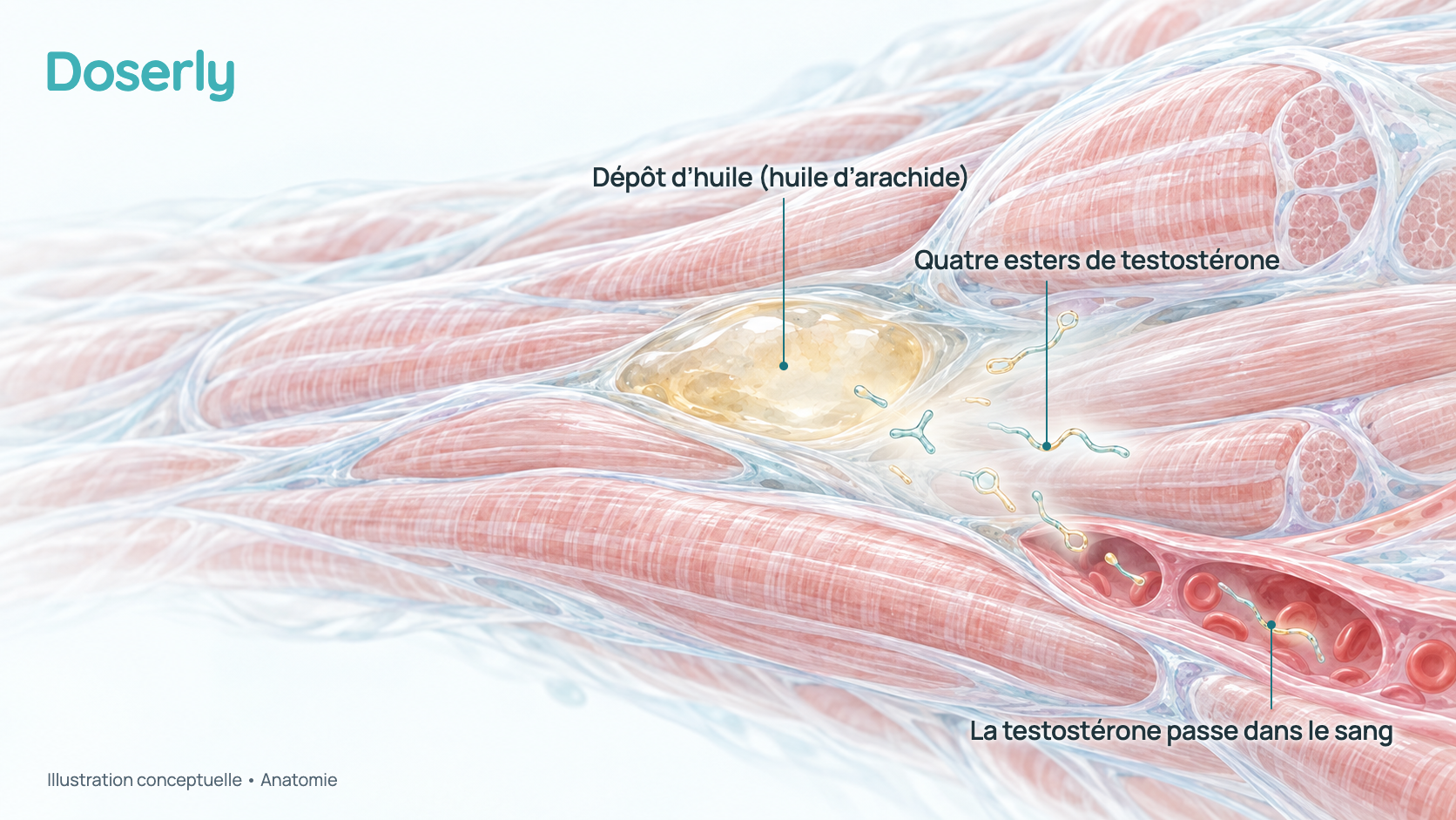 Illustration conceptuelle d’une petite flaque d’huile injectée entre des fibres musculaires, avec quatre brins d’esters légèrement différents qui la quittent en direction d’un vaisseau sanguin voisin. Elle montre l’anatomie, pas un effet mesuré du médicament.