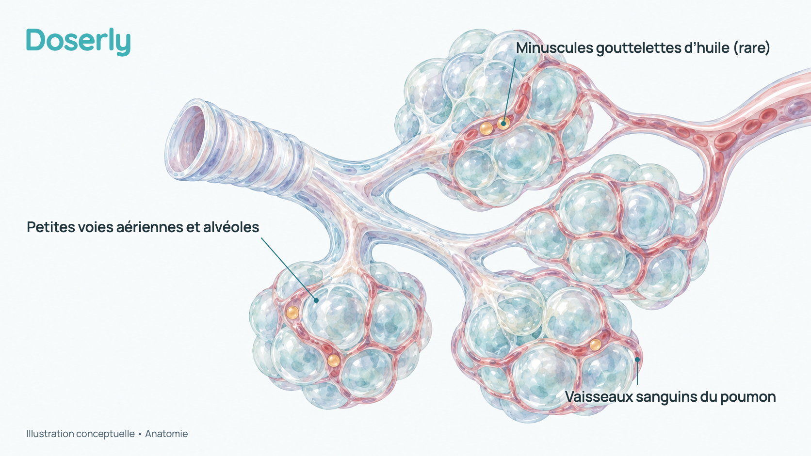 Illustration conceptuelle d’alvéoles pulmonaires et de petits vaisseaux sanguins contenant quelques minuscules gouttelettes d’huile, qui présente comme un concept la rare réaction de l’huile dans les poumons. Elle montre l’anatomie, pas un effet mesuré.