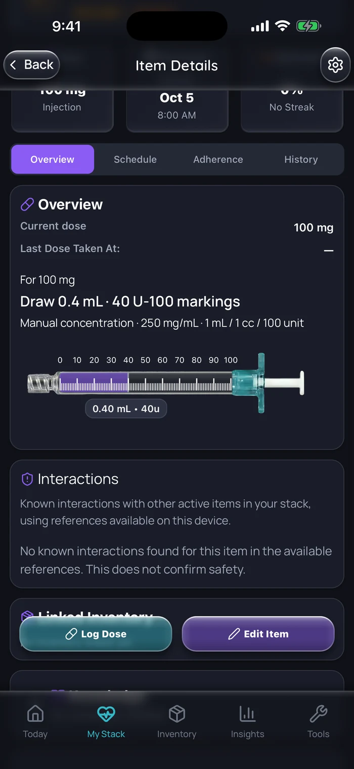 Capture de l’app Doserly (interface en anglais) : détails de l’élément énanthate de testostérone, données d’exemple : dose actuelle de 100 mg, et un dessin de seringue montrant 0,4 mL, soit 40 unités sur une seringue U-100, à 250 mg/mL.