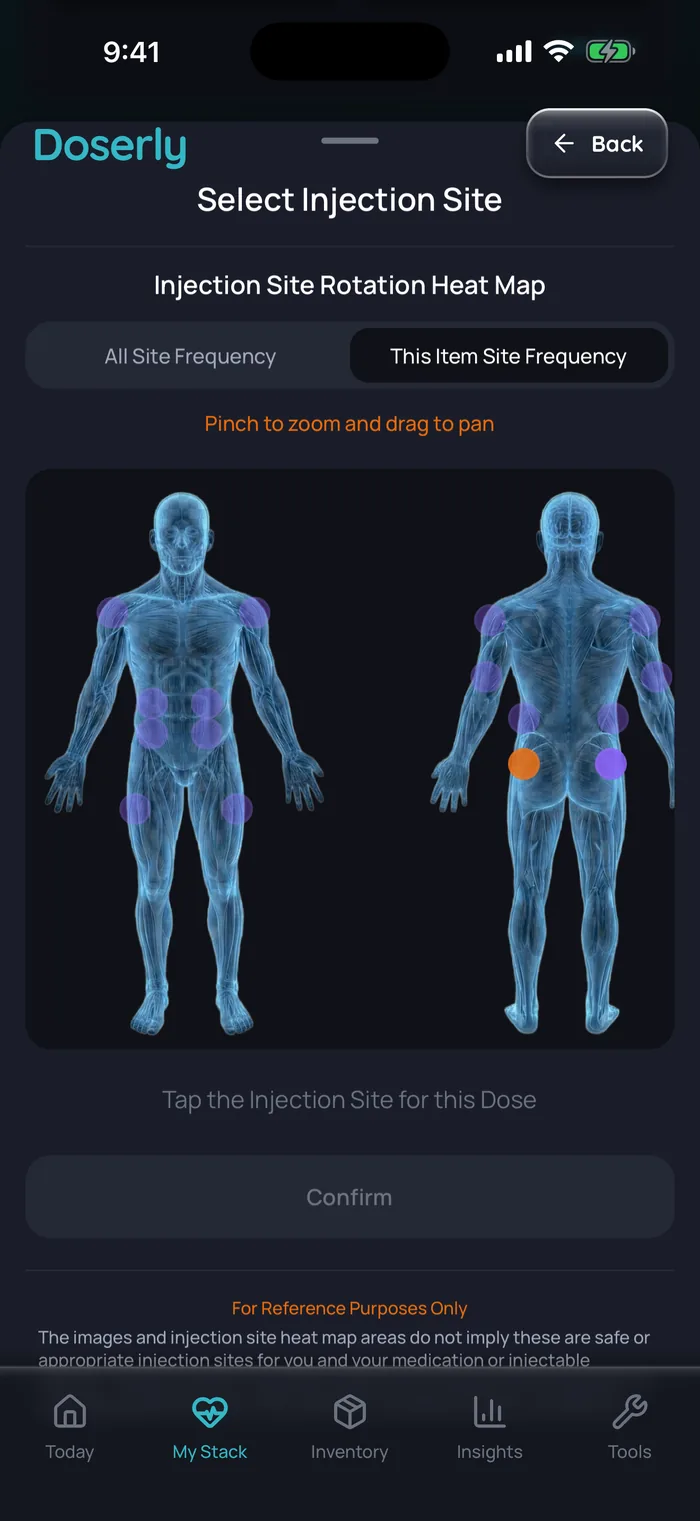 Doserly Select Injection Site screen with front and back body outlines and a rotation heat map marking sites used before, example data.