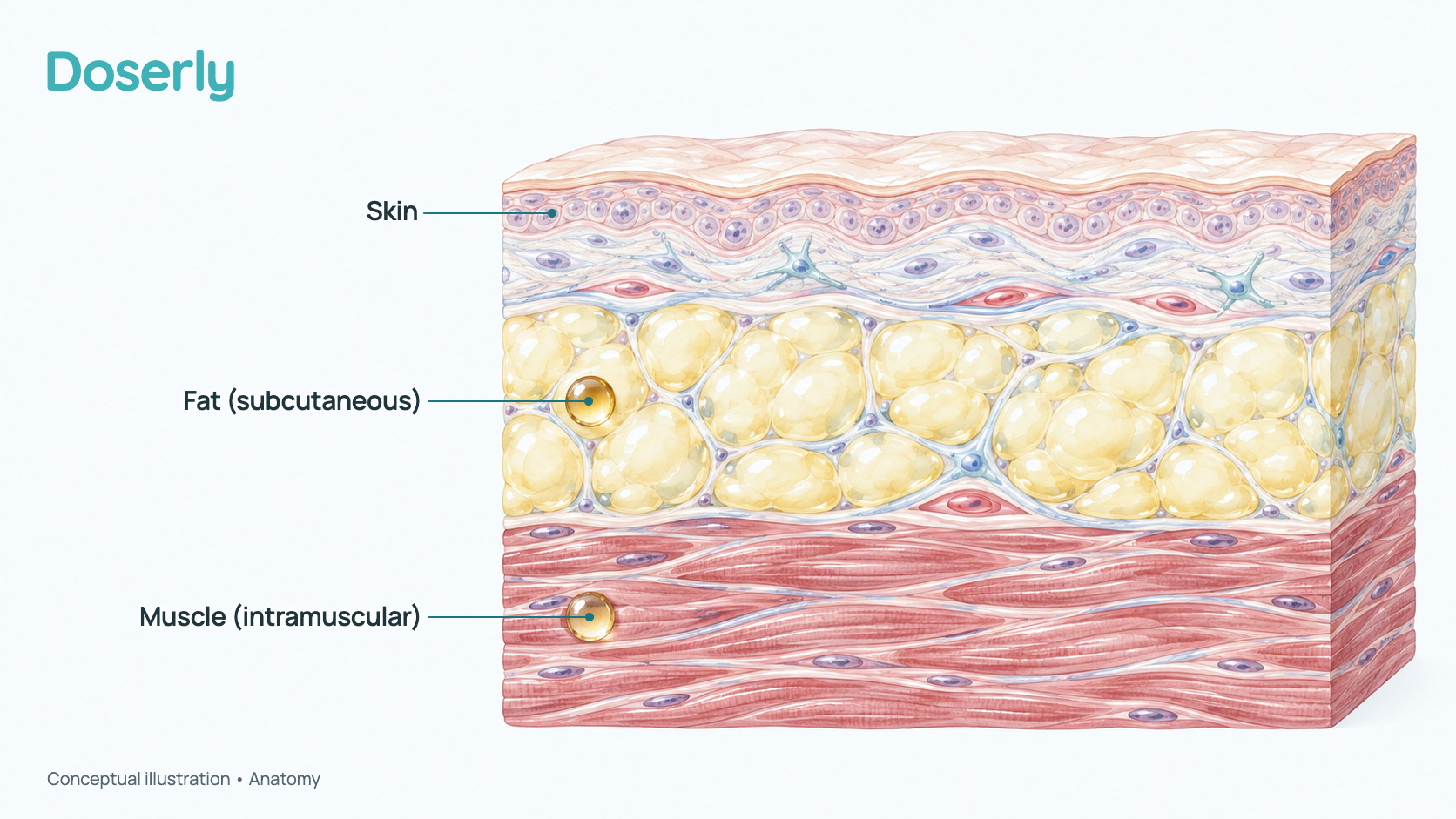 Conceptual cross-section of skin, fat and muscle layers, with one oil deposit in the fatty layer (subcutaneous) and one in the muscle (intramuscular). No needle is shown; it explains anatomy, not injection technique.