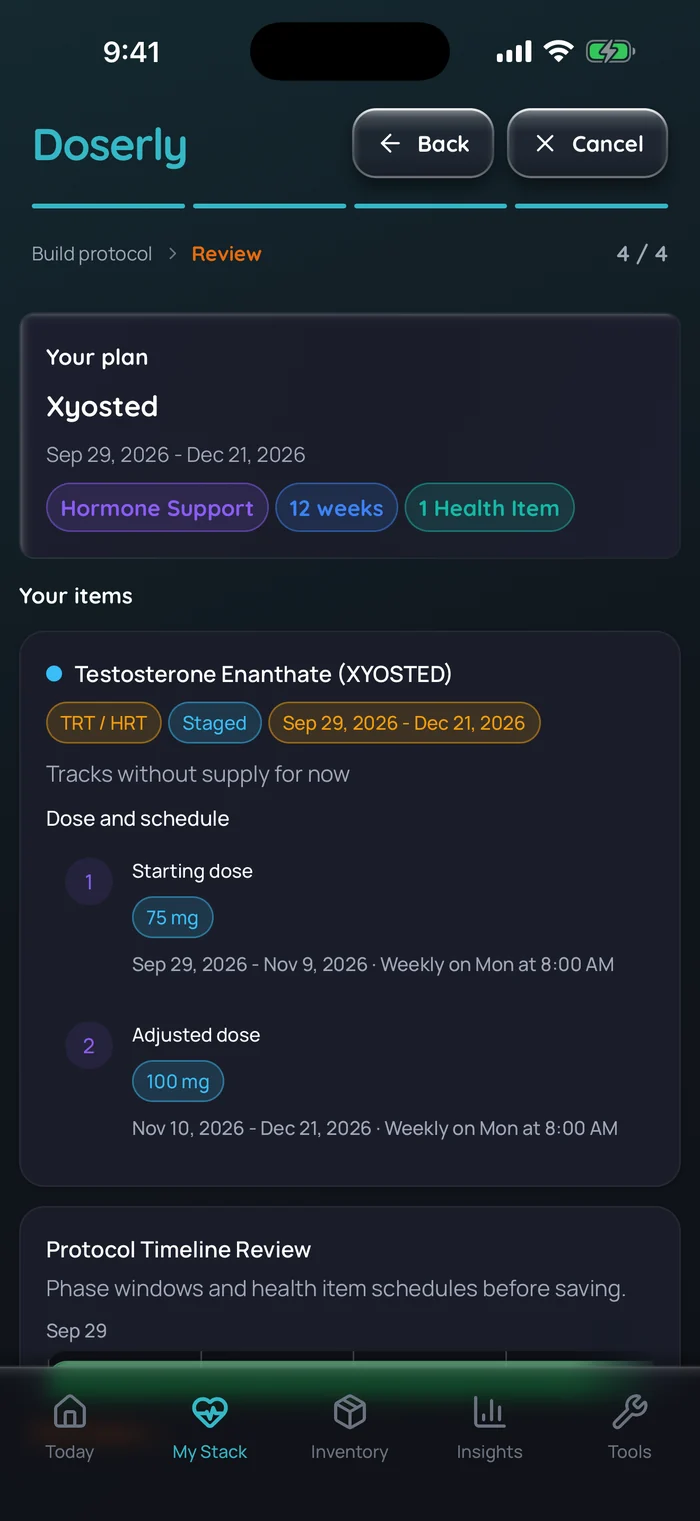 Doserly plan review for an example Xyosted schedule, example data: a starting dose of 75 mg weekly from Sep 29 to Nov 9, 2026, then an adjusted dose of 100 mg weekly from Nov 10 to Dec 21, 2026.