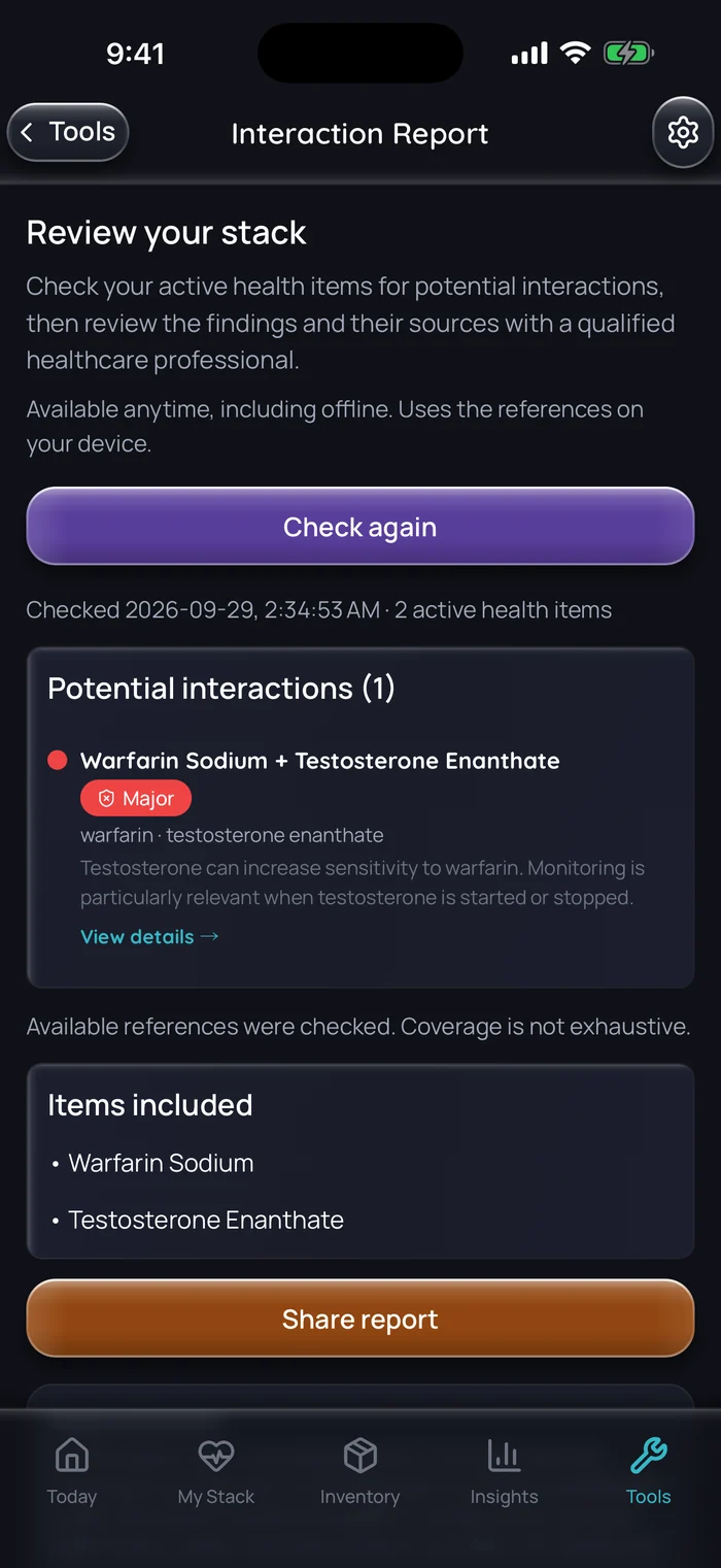 Doserly interaction report for two example items, warfarin sodium and testosterone enanthate, flagging one major interaction: testosterone can increase sensitivity to warfarin. A note says coverage is not exhaustive.