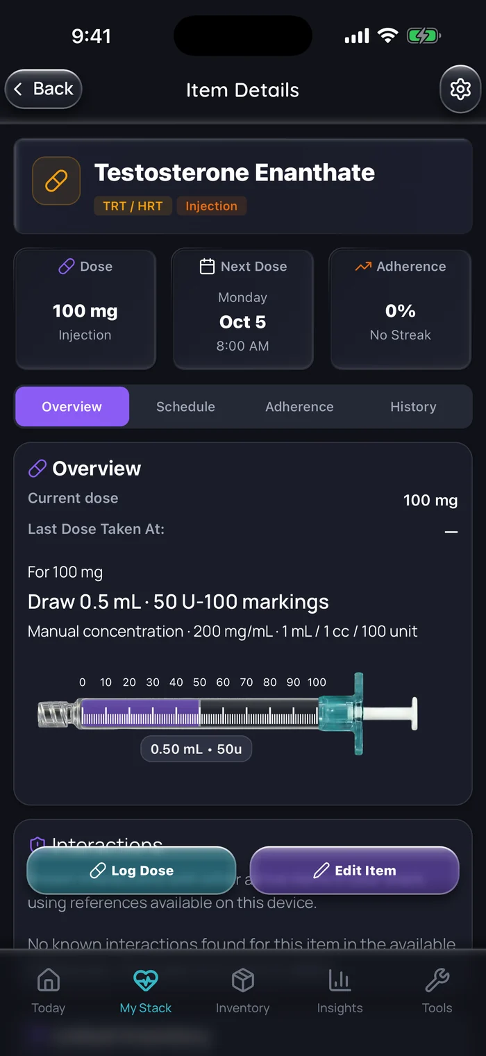 Doserly item details for testosterone enanthate, example data: 100 mg weekly with the next dose on Monday, Oct 5, 2026, and a syringe drawing showing 0.5 mL, or 50 units on a U-100 syringe, at 200 mg/mL.