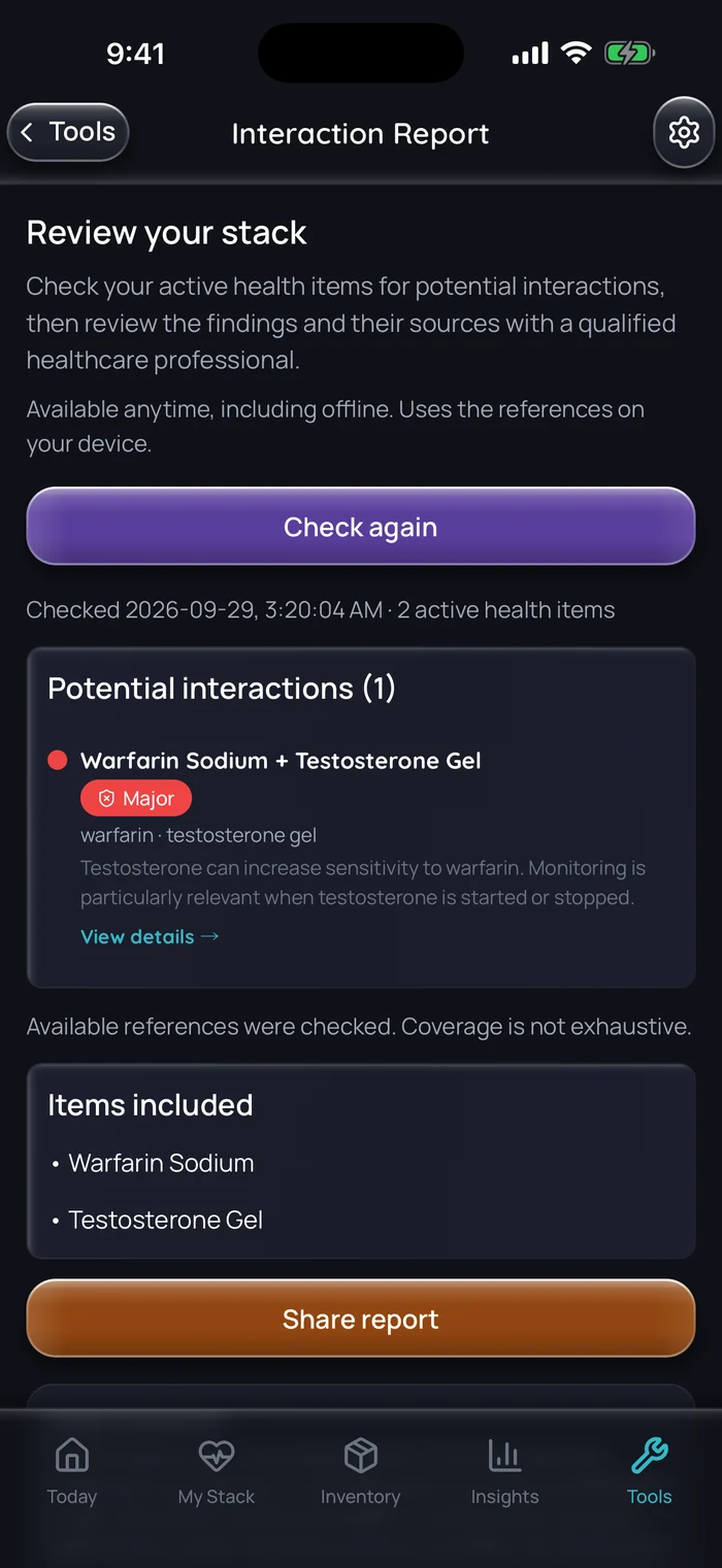 Doserly interaction report for two example items, warfarin sodium and testosterone gel, flagging one major interaction: testosterone can increase sensitivity to warfarin, especially when testosterone is started or stopped. A note says coverage is not exhaustive.