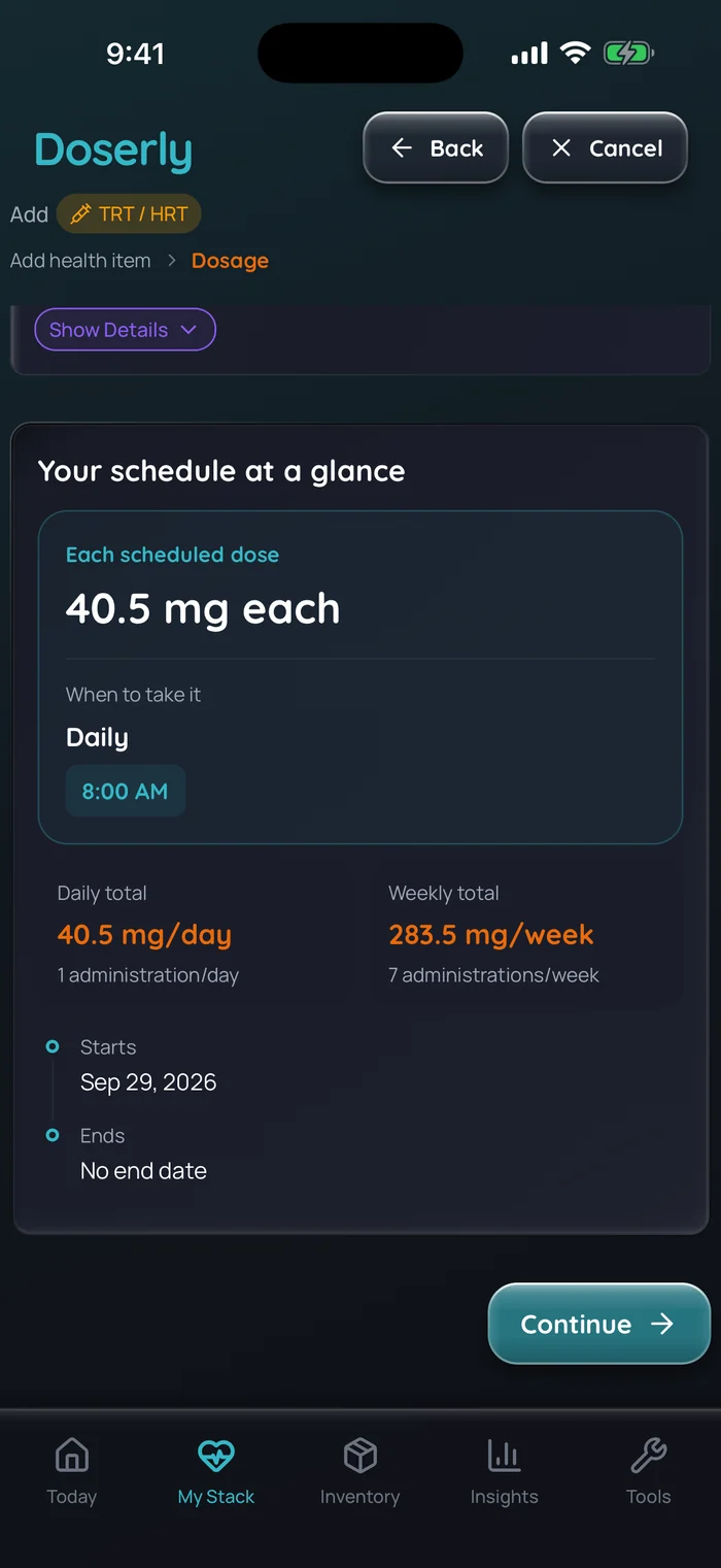 Doserly schedule summary for an example testosterone gel item: 40.5 mg each time, daily at 8:00 AM, a daily total of 40.5 mg and a weekly total of 283.5 mg.