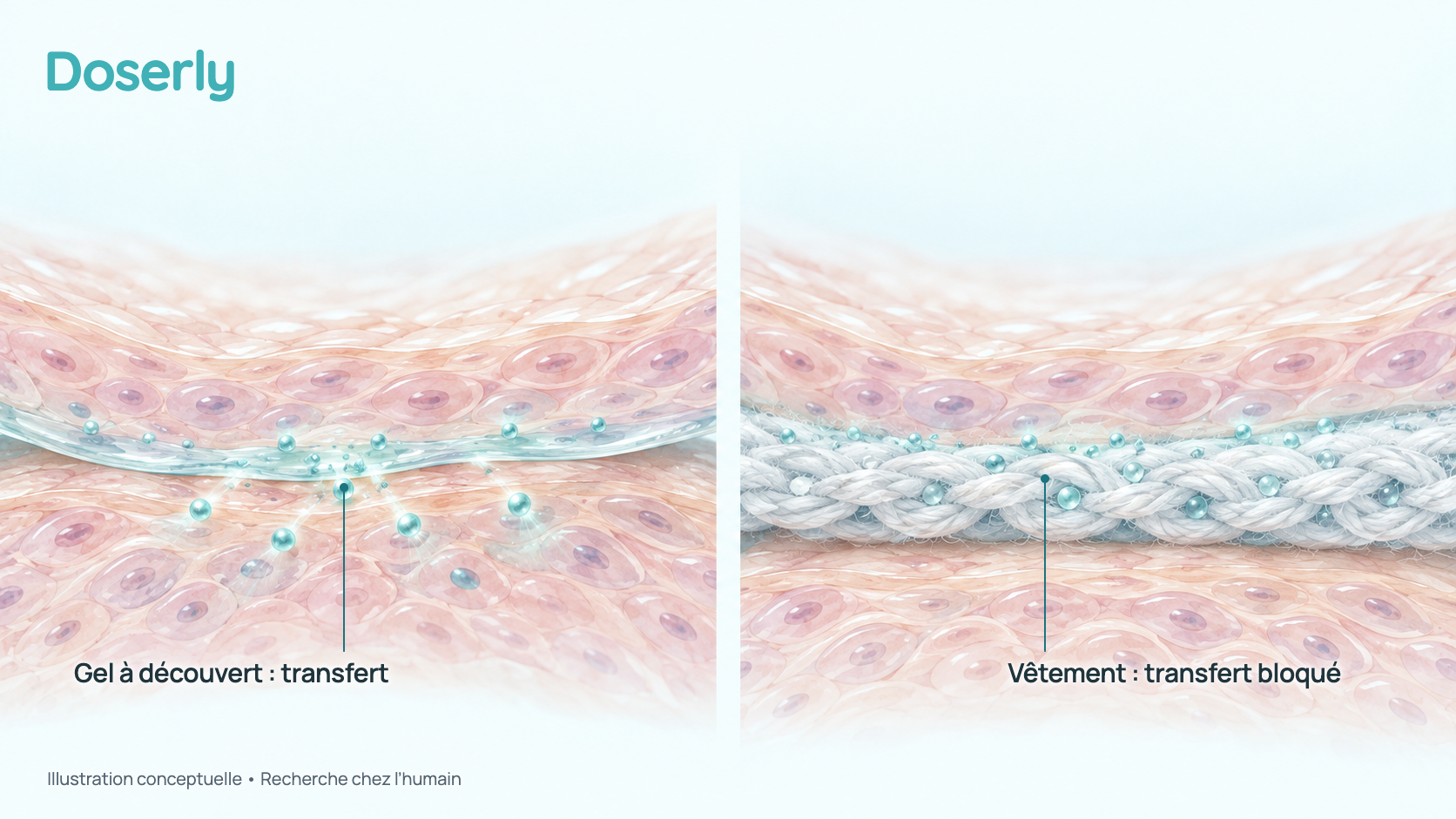 Illustration conceptuelle en deux volets : des particules de testostérone qui passent entre deux surfaces de peau en contact, et une couche de tissu entre les surfaces qui les arrête. Aucune personne n’est représentée.