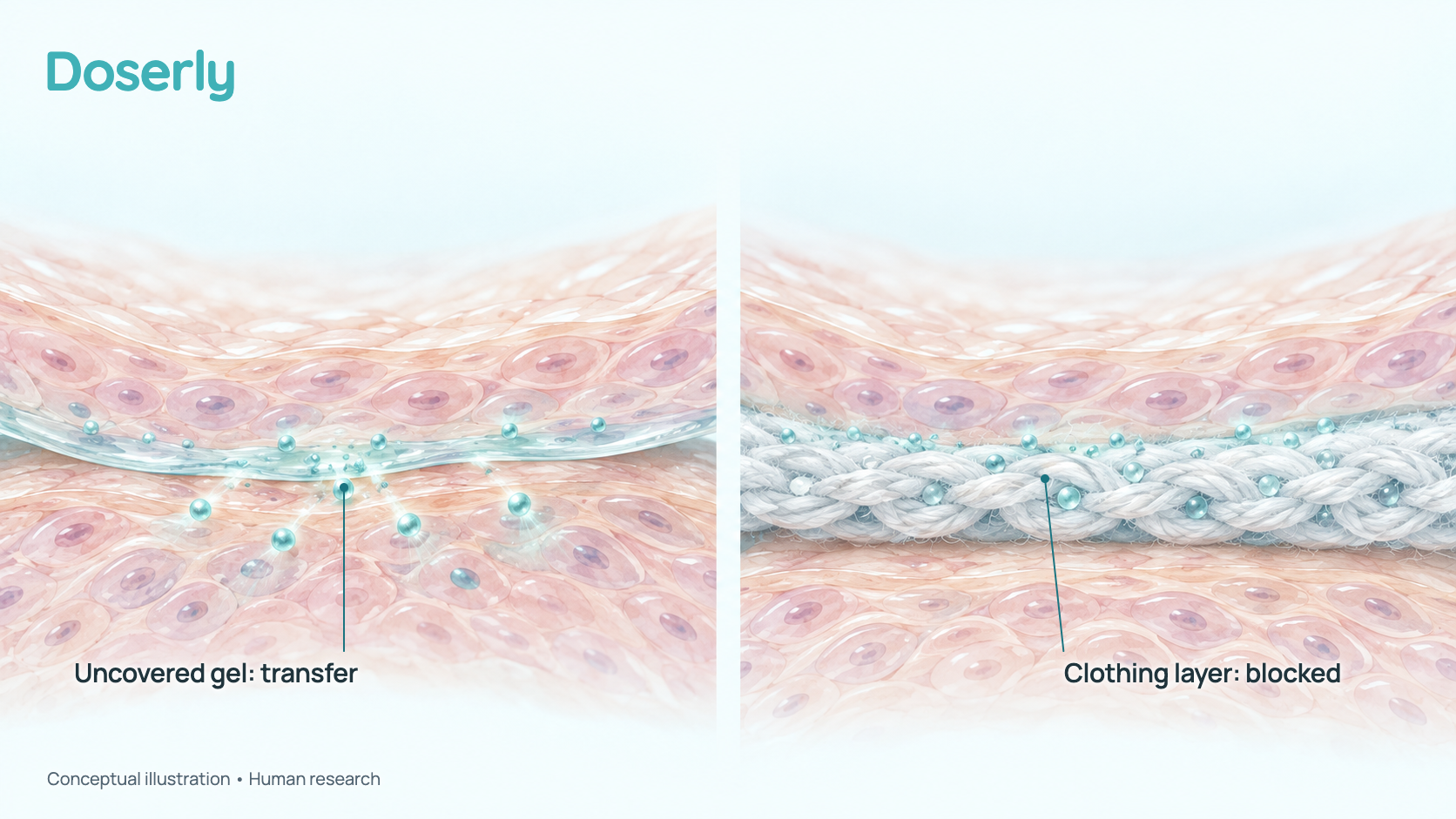 Conceptual illustration in two panels: testosterone particles passing between two touching skin surfaces, and a fabric layer between the surfaces stopping them. No people are shown.