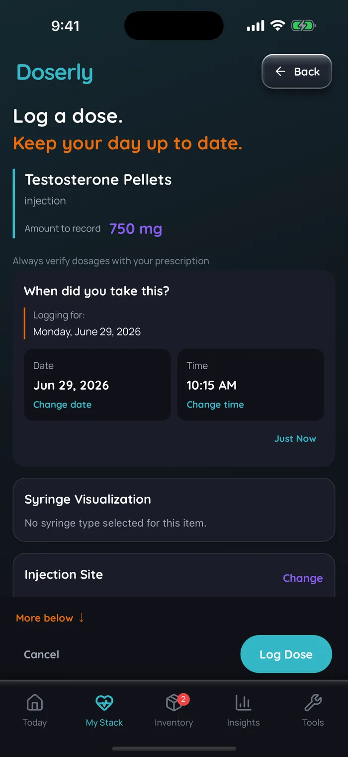 Doserly Log a dose screen with example data for a Testosterone Pellets item (listed under the app's injection type, which has no pellet option): 750 mg recorded for a past insertion on Monday, June 29, 2026 at 10:15 AM.