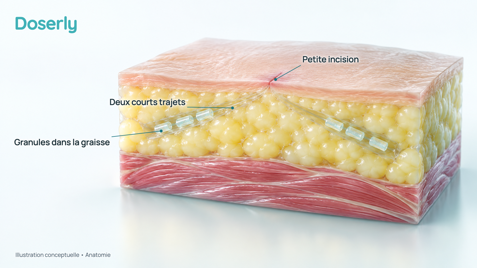 Coupe conceptuelle en couches de la peau, de la graisse et du muscle, avec une petite incision cutanée refermée et deux courts trajets qui s’écartent dans la graisse, chacun contenant quelques granules loin de l’incision. Aucun instrument ni aucune personne ne sont montrés.