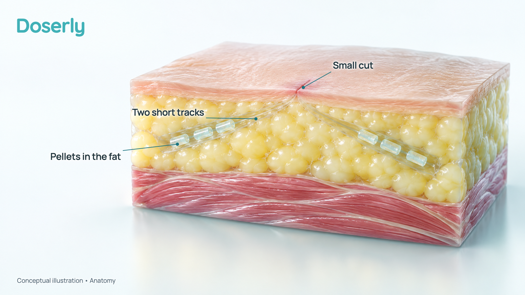 Conceptual layered cross-section of skin, fat and muscle with one small closed skin cut and two short tracks fanning out in the fat, each holding a few pellets away from the cut. No instruments or people are shown.