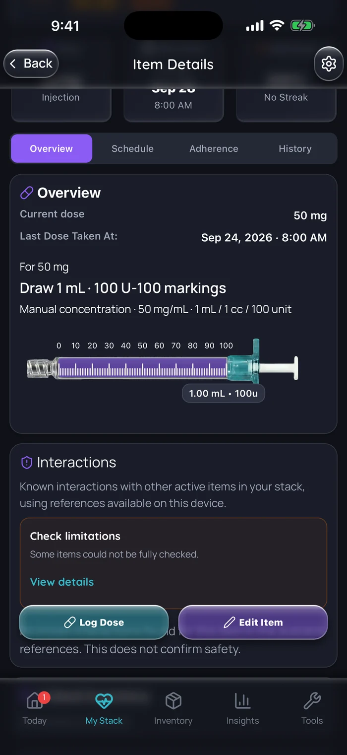 Fiche de l’élément propionate de testostérone dans Doserly (interface en anglais), données d’exemple : dose actuelle de 50 mg, dernière dose consignée le 24 sept. 2026, et un dessin de seringue montrant 1 mL, soit 100 unités sur une seringue U-100, à 50 mg/mL.