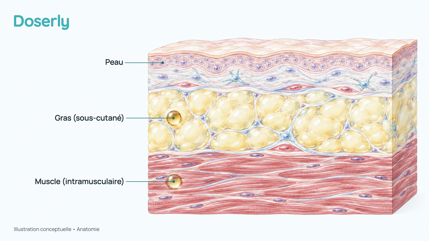 Coupe conceptuelle des couches de la peau, du gras et du muscle, avec un dépôt d’huile dans la couche de gras (sous-cutané) et un autre dans le muscle (intramusculaire). Aucune aiguille n’est montrée; l’image explique l’anatomie, pas la technique d’injection.