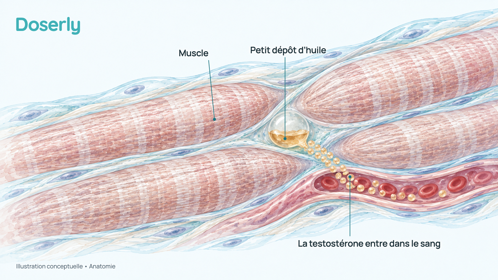 Illustration conceptuelle d’une petite flaque d’huile injectée entre des fibres musculaires, qui se vide rapidement pendant que la testostérone passe dans un vaisseau sanguin voisin. Elle montre l’anatomie, pas un effet mesuré du médicament.