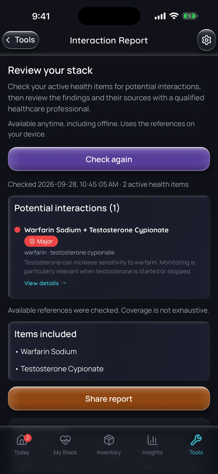 Doserly interaction report for two example items, warfarin and testosterone cypionate, flagging one major interaction: testosterone can increase sensitivity to warfarin, and monitoring matters most when testosterone is started or stopped. A note says coverage is not exhaustive.