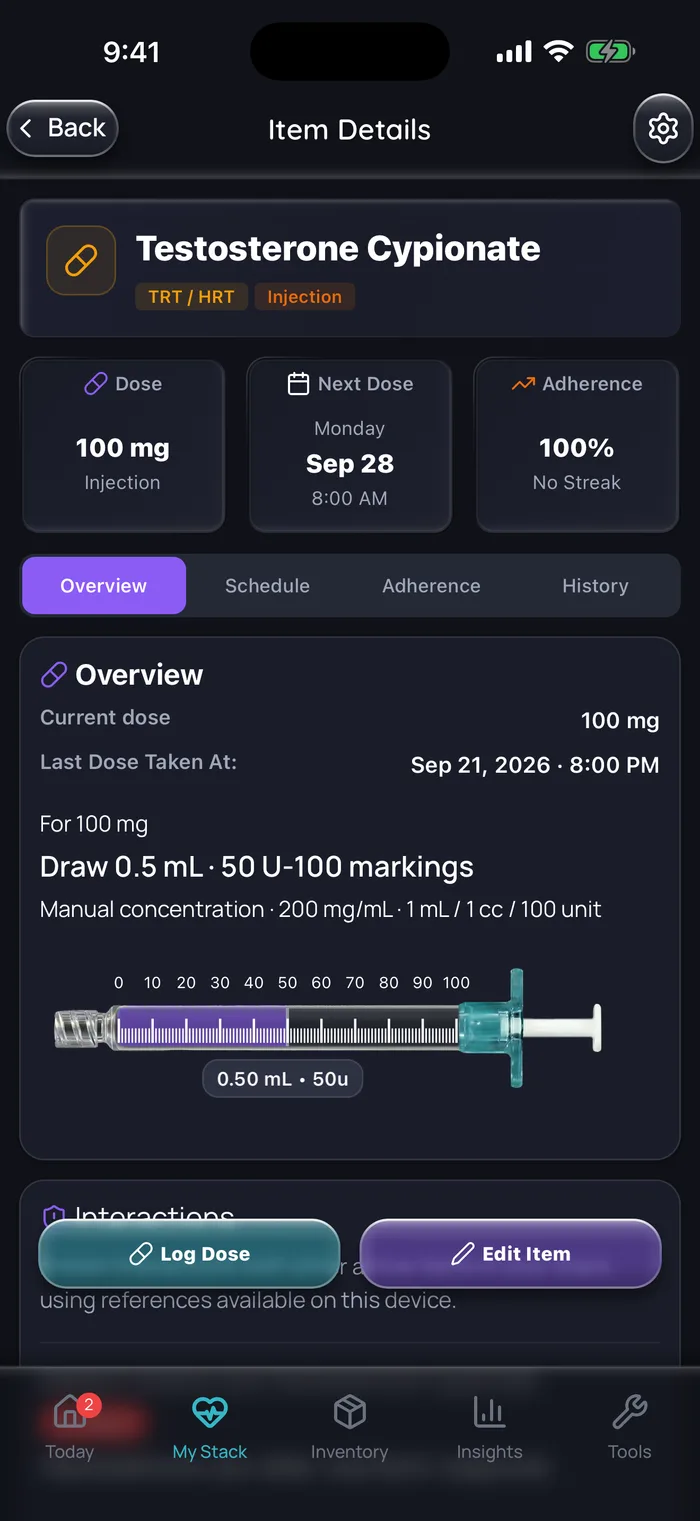 Doserly item details for an example testosterone cypionate schedule: 100 mg per injection, next dose Monday, Sep 28 at 8:00 AM, last dose logged Sep 21, 2026, and a syringe drawing showing 0.5 mL, or 50 units on a U-100 syringe, at 200 mg/mL.