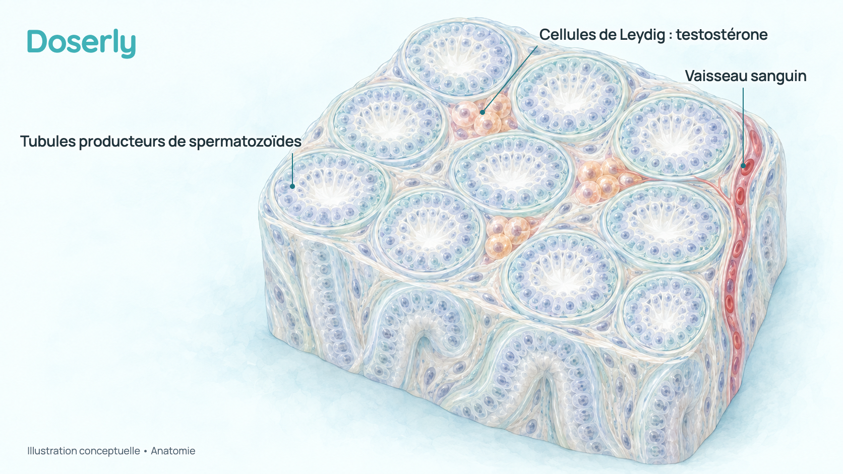 Illustration conceptuelle d’un testicule ouvert montrant des tubules enroulés qui fabriquent les spermatozoïdes, avec de petits amas de cellules de Leydig dans les espaces entre eux, à côté d’un vaisseau sanguin. C’est un schéma d’anatomie, pas une image de microscope ni un effet mesuré.