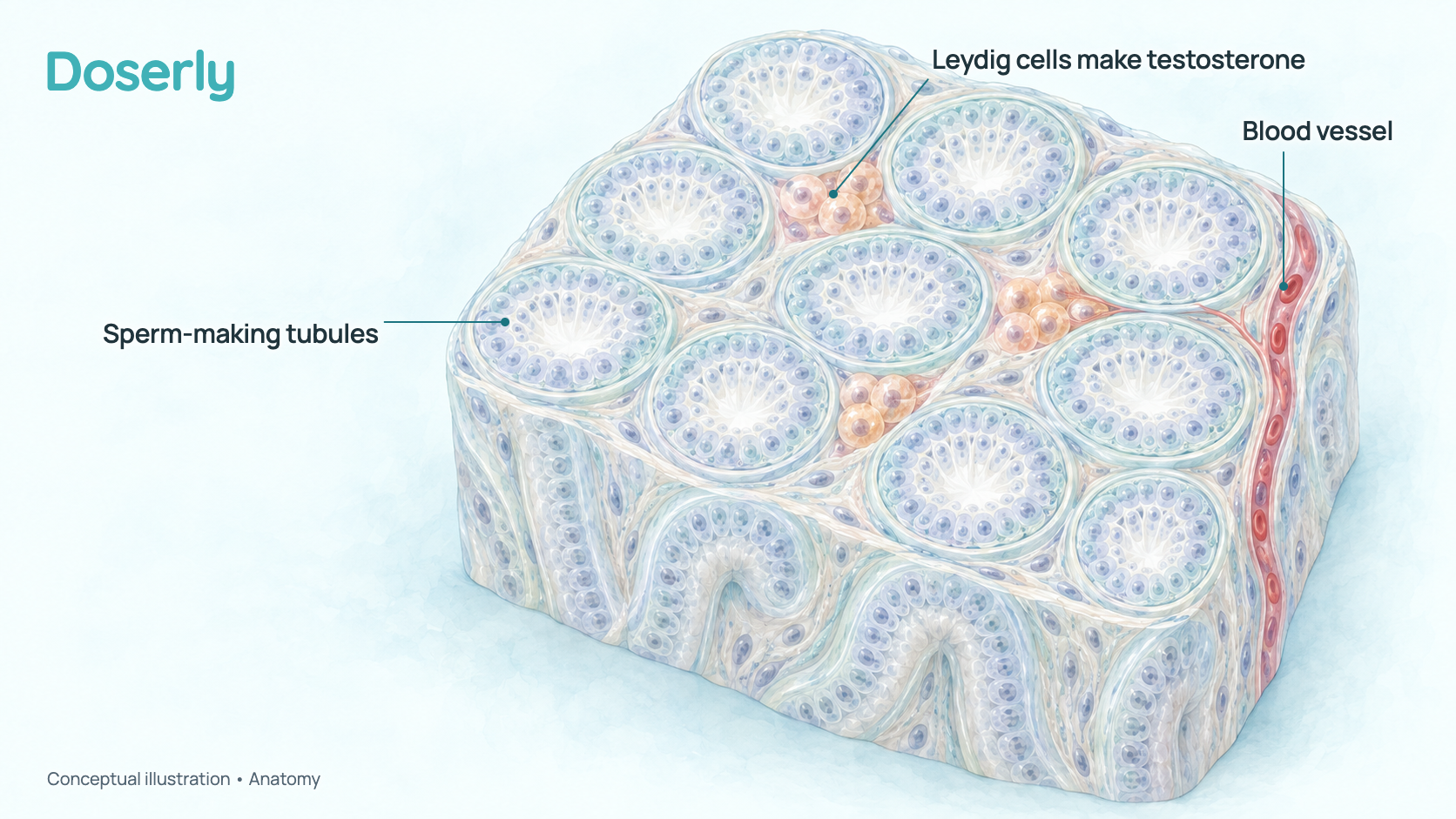 Conceptual illustration of a cut-open testicle showing coiled sperm-making tubules with small clusters of Leydig cells in the spaces between them, next to a blood vessel. It is a schematic of anatomy, not microscopy or a measured effect.