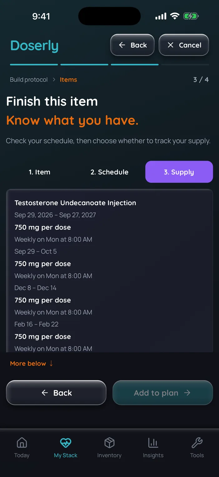 Étape du calendrier de Doserly (interface en anglais) pour un élément d’exemple d’undécanoate de testostérone injectable : 750 mg par dose dans des périodes de doses répétées à 10 semaines d’intervalle, du 29 septembre au 5 octobre, du 8 au 14 décembre et du 16 au 22 février, données d’exemple.