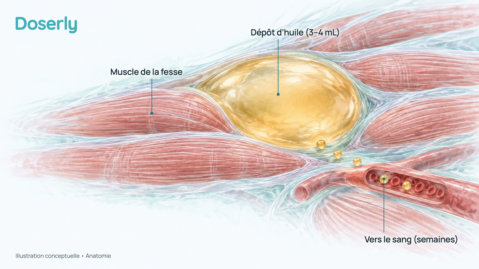 Illustration conceptuelle d’une grande flaque d’huile injectée profondément dans le muscle de la fesse, qui libère lentement de la testostérone vers des vaisseaux sanguins voisins. Elle montre l’anatomie, pas un effet mesuré du médicament.