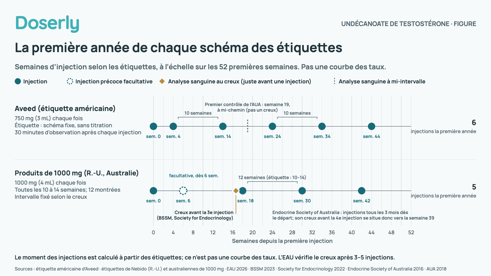 Deux lignes du temps sur les 52 premières semaines. Aveed, étiquette américaine : 750 mg (3 mL) aux semaines 0, 4, 14, 24, 34 et 44, six injections la première année, un schéma fixe de l’étiquette sans titration et 30 minutes d’observation après chaque injection; le premier contrôle de l’AUA est indiqué à la semaine 19, à mi-chemin entre les deux premières injections espacées de 10 semaines, un taux à mi-intervalle plutôt qu’un creux (l’AUA permet aussi un intervalle de 9 ou 11 semaines selon le creux en fin de cycle). Produits de 1000 mg, étiquettes britanniques et australiennes : 1000 mg (4 mL) aux semaines 0, 6 (deuxième injection précoce facultative), 18, 30 et 42, cinq injections la première année, intervalles de 12 semaines montrés dans la plage de 10 à 14 des étiquettes, avec l’intervalle fixé selon le creux. Une analyse au creux est indiquée juste avant la troisième injection (semaine 18; BSSM et Society for Endocrinology). L’Endocrine Society of Australia donne des injections tous les 3 mois dès le départ; son creux avant la quatrième injection se situe donc vers la semaine 39 et n’est pas indiqué. Le moment des injections est calculé à partir des étiquettes; ce n’est pas une courbe des taux. L’EAU vérifie le creux après 3–5 injections.