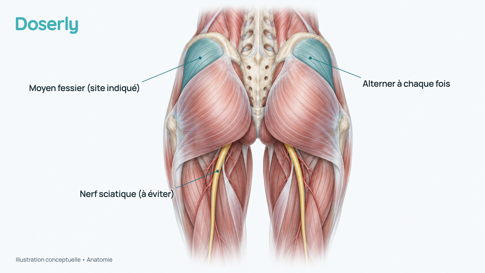 Illustration conceptuelle des muscles des fesses vus de derrière, avec le moyen fessier dans la partie supérieure externe mis en évidence et le nerf sciatique plus bas. Aucune aiguille n’est montrée; elle explique l’anatomie, pas la technique d’injection.