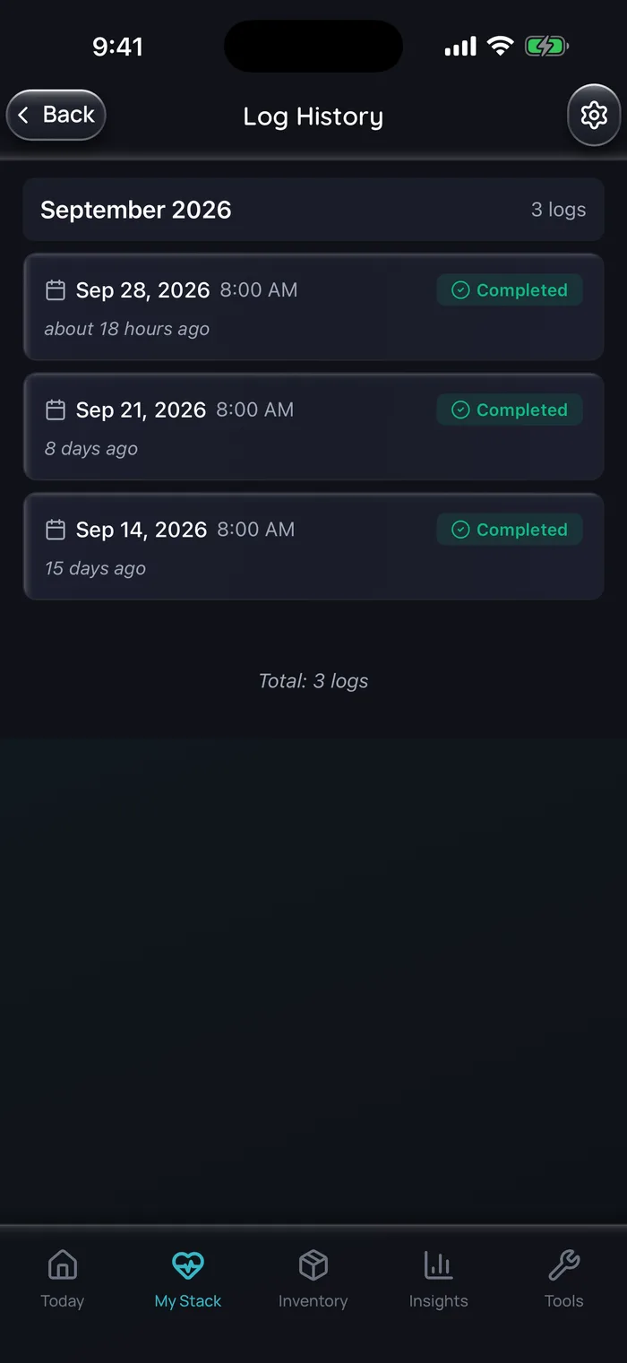 Historique du journal de Doserly (interface en anglais) pour un exemple de calendrier hebdomadaire de cypionate de testostérone : trois doses terminées à 8 h les 14, 21 et 28 septembre 2026, données d’exemple.