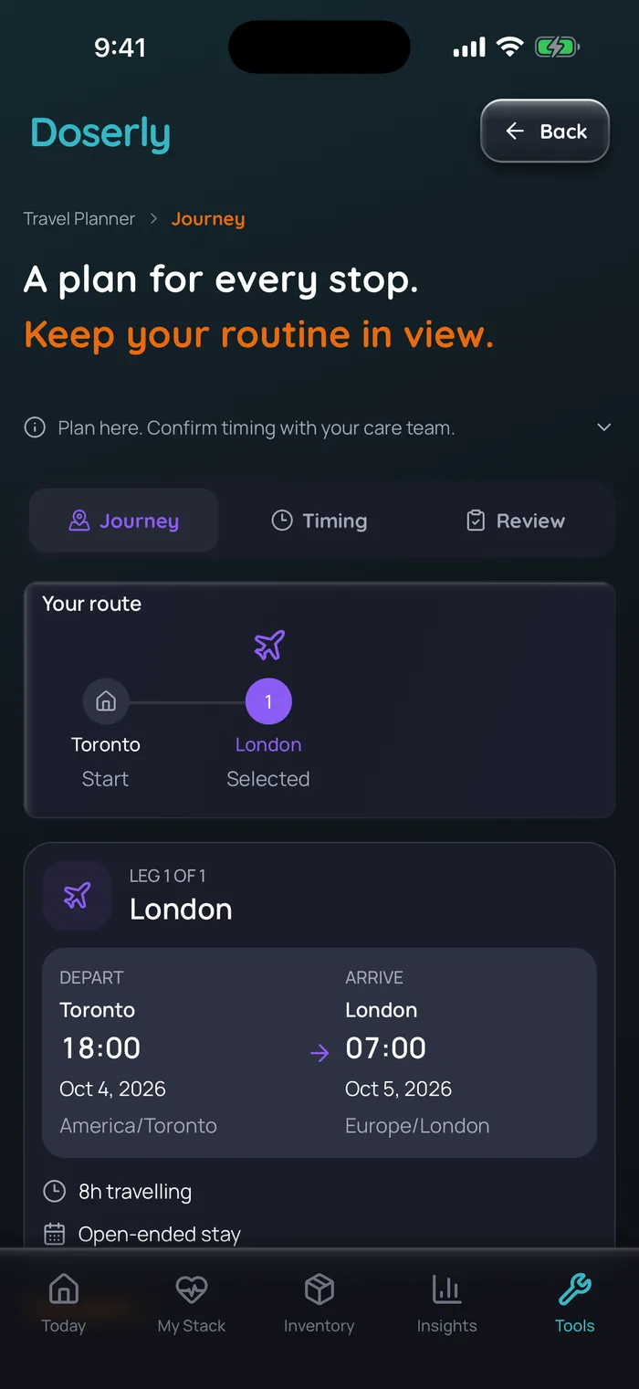 Planificateur de voyage de Doserly (interface en anglais) avec un exemple de vol d’un seul tronçon de Toronto à Londres : départ à 18 h le 4 octobre 2026 (America/Toronto), arrivée à 7 h le 5 octobre (Europe/London), 8 heures de voyage, données d’exemple.