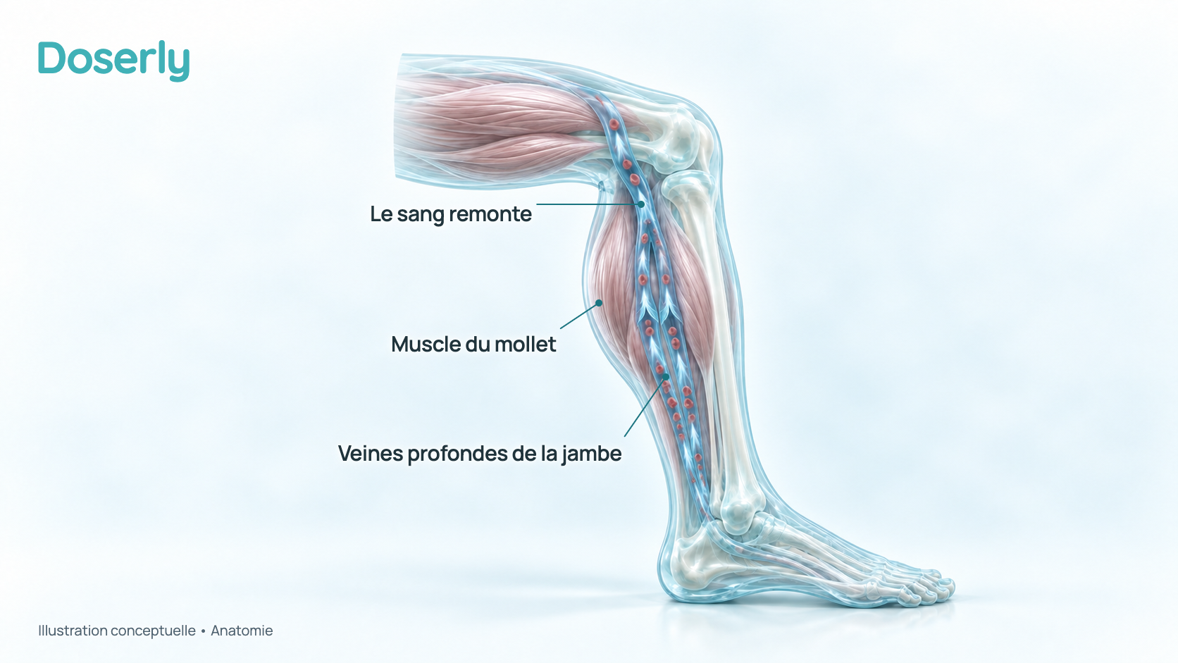 Illustration conceptuelle d’une jambe translucide vue de côté, avec le muscle du mollet enroulé autour des veines profondes et du sang qui remonte. Aucun caillot, personne ni produit n’est représenté.