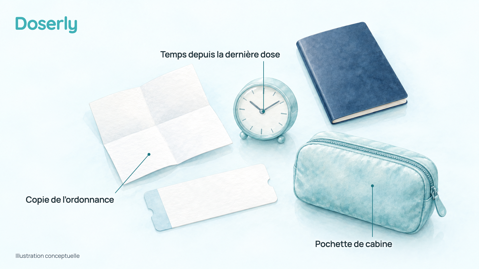 Illustration conceptuelle d’une nature morte de voyage : un passeport, une pochette isotherme souple, un cadran d’horloge, un papier plié et une carte d’embarquement vierge, sans médicament, seringue ni marque.