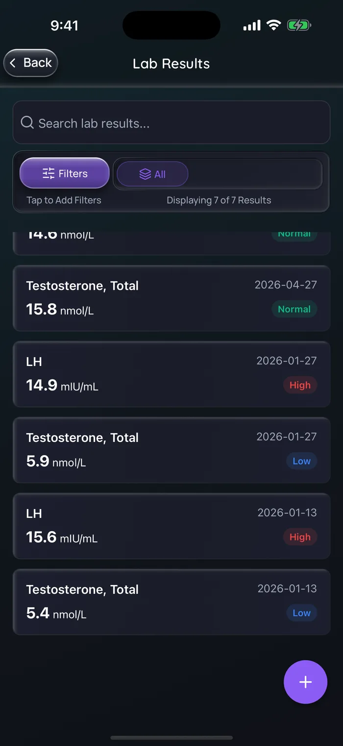 Liste des résultats d’analyses de Doserly (interface en anglais) avec deux journées d’analyses d’exemple avant le traitement : testostérone totale de 5,4 nmol/L (basse) et LH de 15,6 mUI/mL (élevée) le 13 janv. 2026, et 5,9 nmol/L et 14,9 mUI/mL le 27 janv. 2026, au-dessus d’un résultat ultérieur de 15,8 nmol/L le 27 avr., données d’exemple.