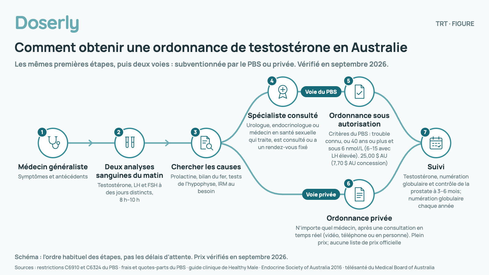 Parcours vers une ordonnance de testostérone en Australie. Tout le monde commence par une consultation chez un médecin généraliste, deux analyses sanguines du matin de la testostérone, de la LH et de la FSH, et une recherche des causes. Ensuite, la voie se divise. Voie du PBS : un urologue, un endocrinologue ou un médecin en santé sexuelle intervient, puis une ordonnance sous autorisation si les critères du PBS sont remplis, à 25,00 $ AU l’ordonnance. Voie privée : n’importe quel médecin prescrit après une consultation en temps réel, au plein prix. Les deux voies se terminent par des analyses de suivi de 3 à 6 mois après le début du traitement.