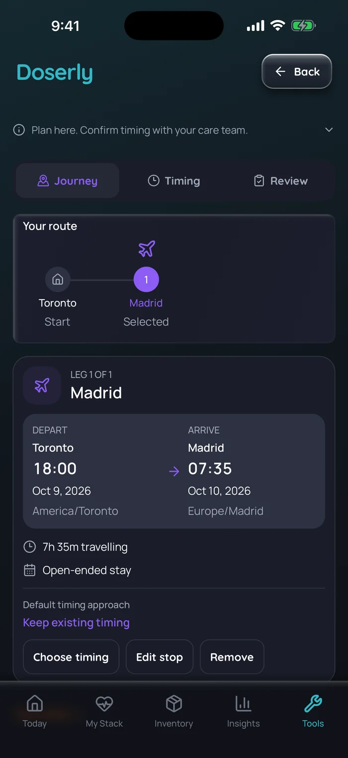 Planificateur de voyage de Doserly (interface en anglais) avec un exemple de vol d’un seul tronçon de Toronto à Madrid : départ à 18 h le 9 octobre 2026 (America/Toronto), arrivée à 7 h 35 le 10 octobre (Europe/Madrid), 7 heures 35 minutes de voyage, données d’exemple.