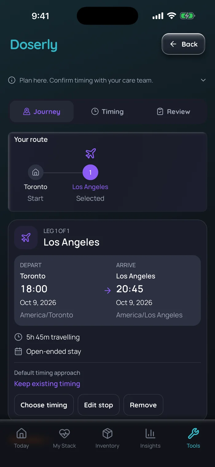 (Interface en anglais) Planificateur de voyage de Doserly avec un exemple de vol d’un seul tronçon de Toronto à Los Angeles : départ à 18 h le 9 octobre 2026 (America/Toronto, heure de l’Est), arrivée à 20 h 45 le même jour (America/Los Angeles, heure du Pacifique), 5 heures 45 minutes de voyage. Données d’exemple.