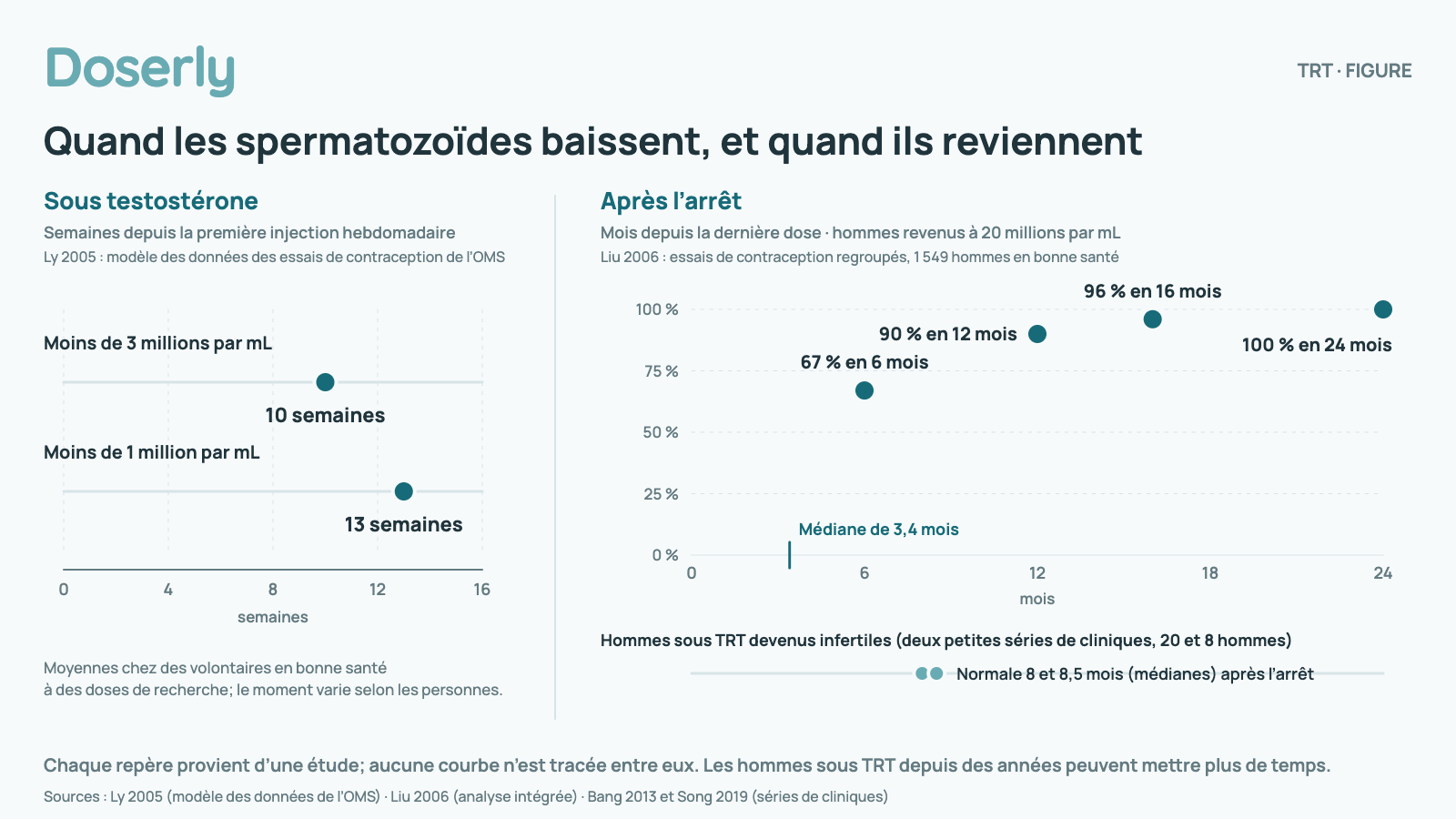 Graphique en deux parties. Sous testostérone, en semaines depuis la première injection hebdomadaire (modèle de données d’essais de contraception de l’OMS) : la concentration de spermatozoïdes est passée sous 3 millions par mL après environ 10 semaines et sous 1 million par mL après environ 13 semaines en moyenne. Après l’arrêt, en mois (essais de contraception regroupés, 1 549 hommes en bonne santé), la proportion d’hommes revenus à 20 millions par mL : 67 % en 6 mois, 90 % en 12 mois, 96 % en 16 mois, 100 % en 24 mois; médiane de 3,4 mois. Dans deux petites séries de cliniques portant sur des hommes sous TRT devenus infertiles (20 et 8 hommes), des concentrations normales sont revenues 8 et 8,5 mois (médianes) après l’arrêt. Chaque repère provient d’une étude; aucune courbe n’est tracée entre eux.