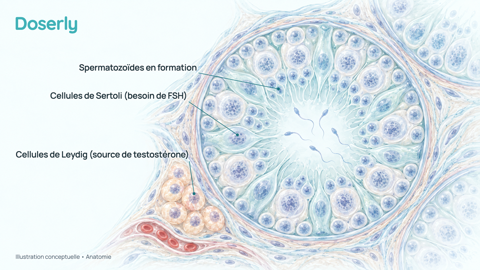 Illustration conceptuelle d’un tube séminifère ouvert à l’intérieur du testicule, avec des cellules de Sertoli de soutien le long de la paroi, des spermatozoïdes en développement vers le centre et des cellules de Leydig, qui fabriquent la testostérone, dans les espaces entre les tubes. C’est un schéma, pas une image de microscopie.