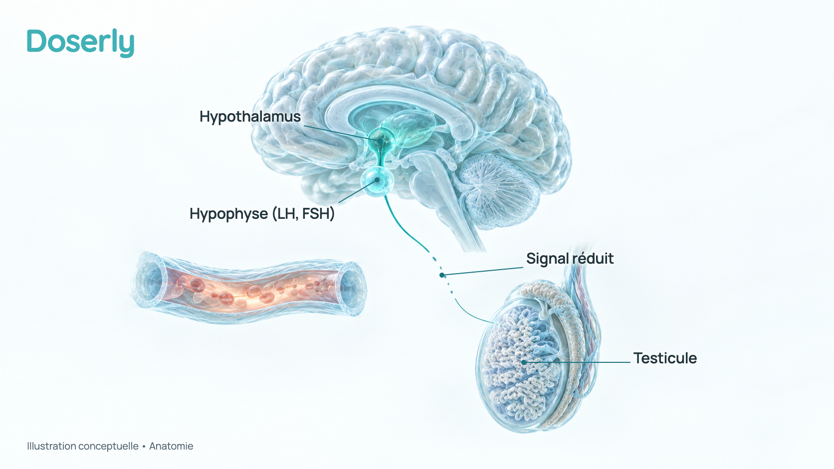 Illustration conceptuelle de l’hypothalamus et de l’hypophyse du cerveau au-dessus d’un testicule. Le signal de l’hypophyse vers le testicule est dessiné en pâle, pour montrer que la testostérone venue de l’extérieur du corps le réduit. Elle montre l’anatomie, pas un effet mesuré.
