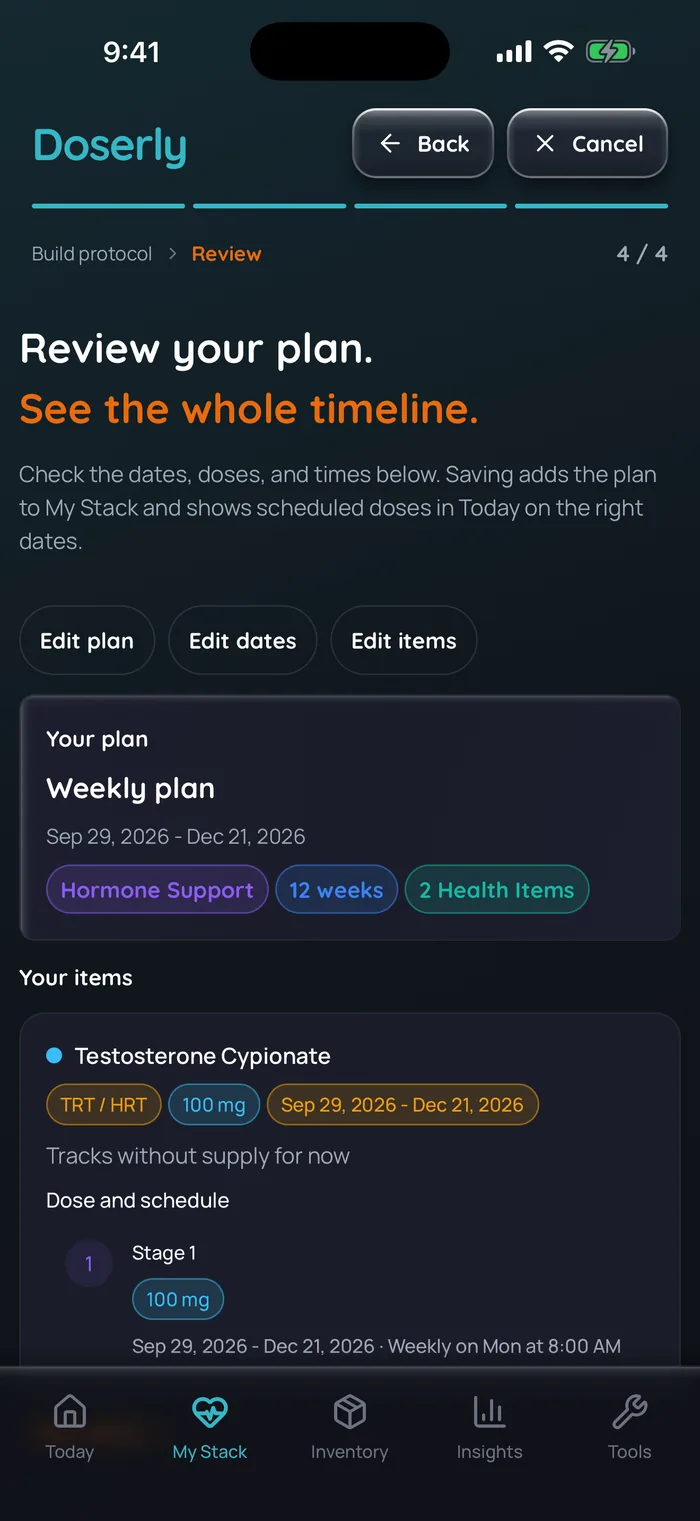 Écran de révision d’un plan Doserly (interface en anglais) pour un exemple de plan de 12 semaines du 29 septembre au 21 décembre 2026 avec deux éléments de santé, qui s’ouvre sur le cypionate de testostérone à 100 mg chaque semaine, le lundi à 8 h.