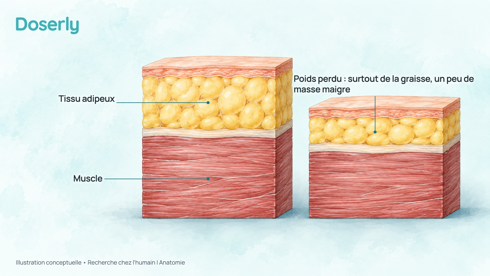 Illustration conceptuelle de deux blocs de tissu en coupe montrant la peau, le tissu adipeux et le muscle. Dans le bloc de droite, après une perte de poids, la couche de graisse est beaucoup plus mince et la couche de muscle un peu plus mince, parce que le poids perdu est surtout de la graisse et en partie de la masse maigre. C’est un schéma d’anatomie, pas un examen d’imagerie, et il ne montre aucun changement mesuré.