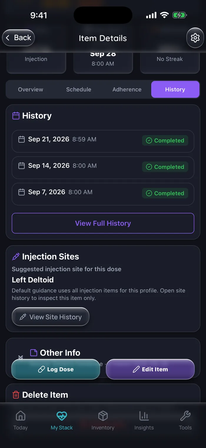 Historique des doses de Doserly (interface en anglais) pour un élément d’exemple de cypionate de testostérone hebdomadaire, qui liste les doses prises avec leurs dates, les 7, 14 et 21 septembre 2026, et un prochain site d’injection suggéré. Données d’exemple.