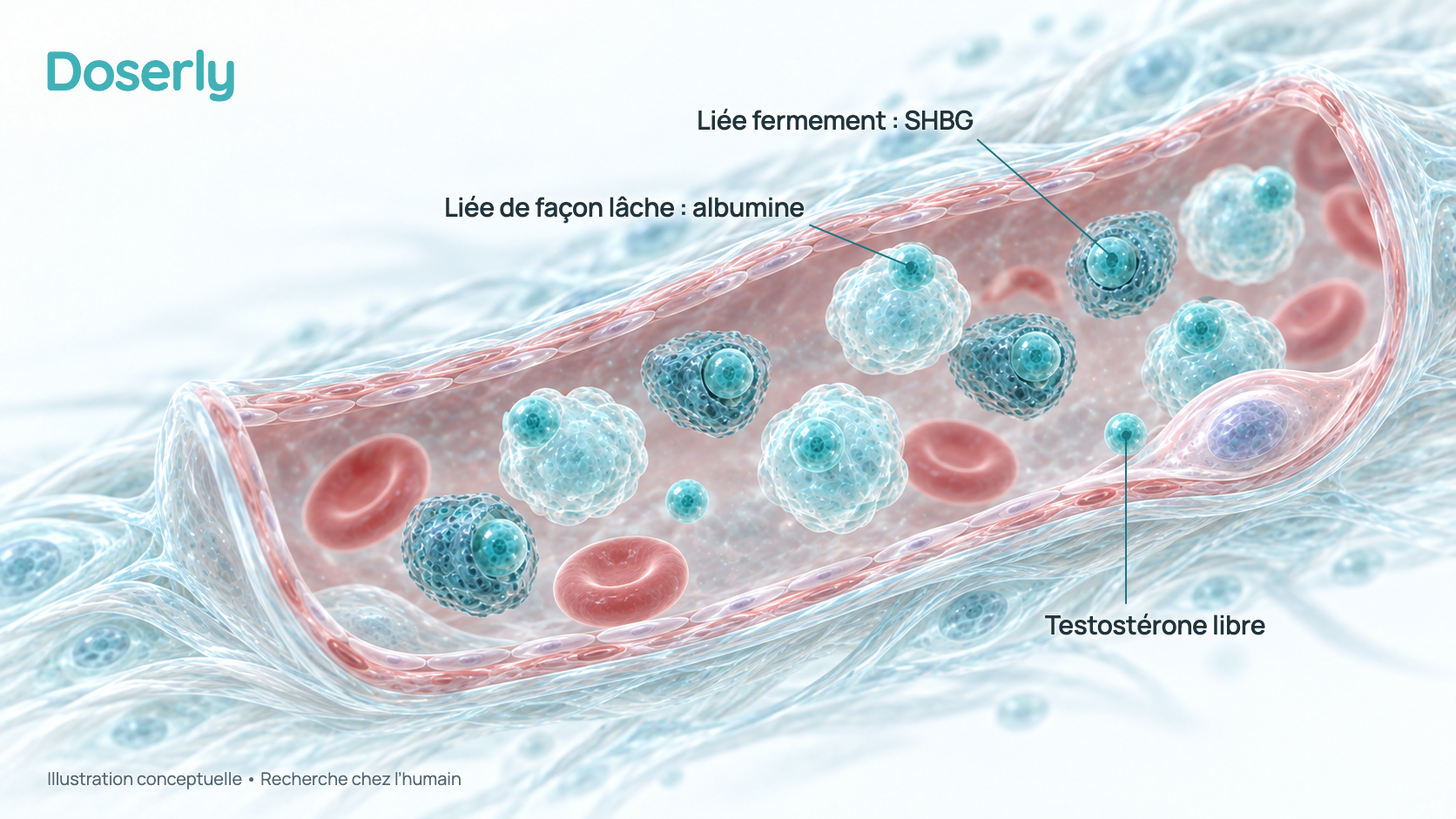 Illustration conceptuelle d’un vaisseau sanguin ouvert en coupe, dans lequel la plupart des petites molécules de testostérone sont fixées à de plus grosses protéines porteuses vitreuses, certaines fermement et d’autres de façon lâche, tandis que quelques-unes flottent librement près d’une cellule voisine. C’est un schéma, pas de la microscopie, et il ne montre pas de proportions mesurées.