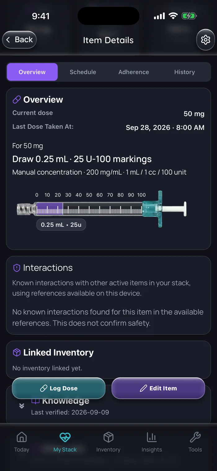 Doserly item details for an example testosterone cypionate item at 200 mg/mL: current dose 50 mg, last dose logged Sep 28, 2026, and a syringe drawing showing 0.25 mL, or 25 units on a U-100 syringe.