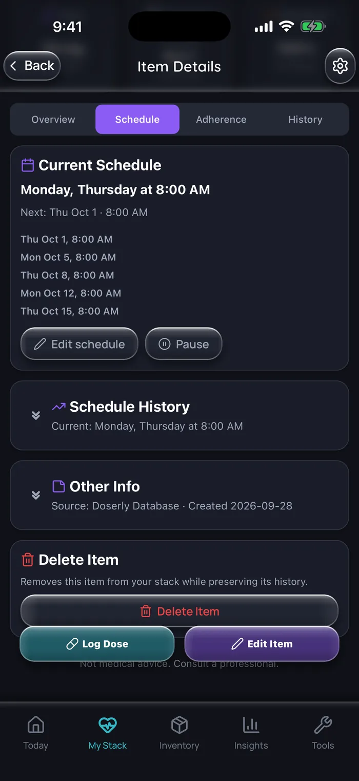 Doserly schedule tab for an example testosterone cypionate item split into two injections a week: Monday and Thursday at 8:00 AM, with the next five dates listed from Thu Oct 1, 2026.