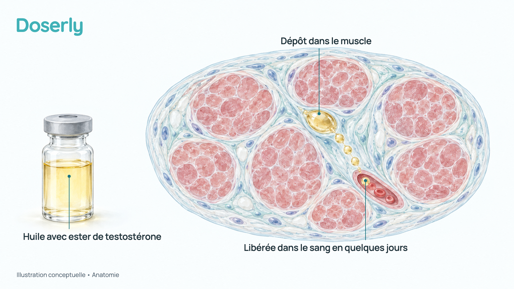 Illustration conceptuelle d’un flacon transparent, sans étiquette, contenant de l’huile, à côté d’une coupe transversale de muscle où une petite flaque d’huile injectée libère lentement de la testostérone vers un vaisseau sanguin voisin. Elle montre l’anatomie, pas une dose ni un taux sanguin mesurés.