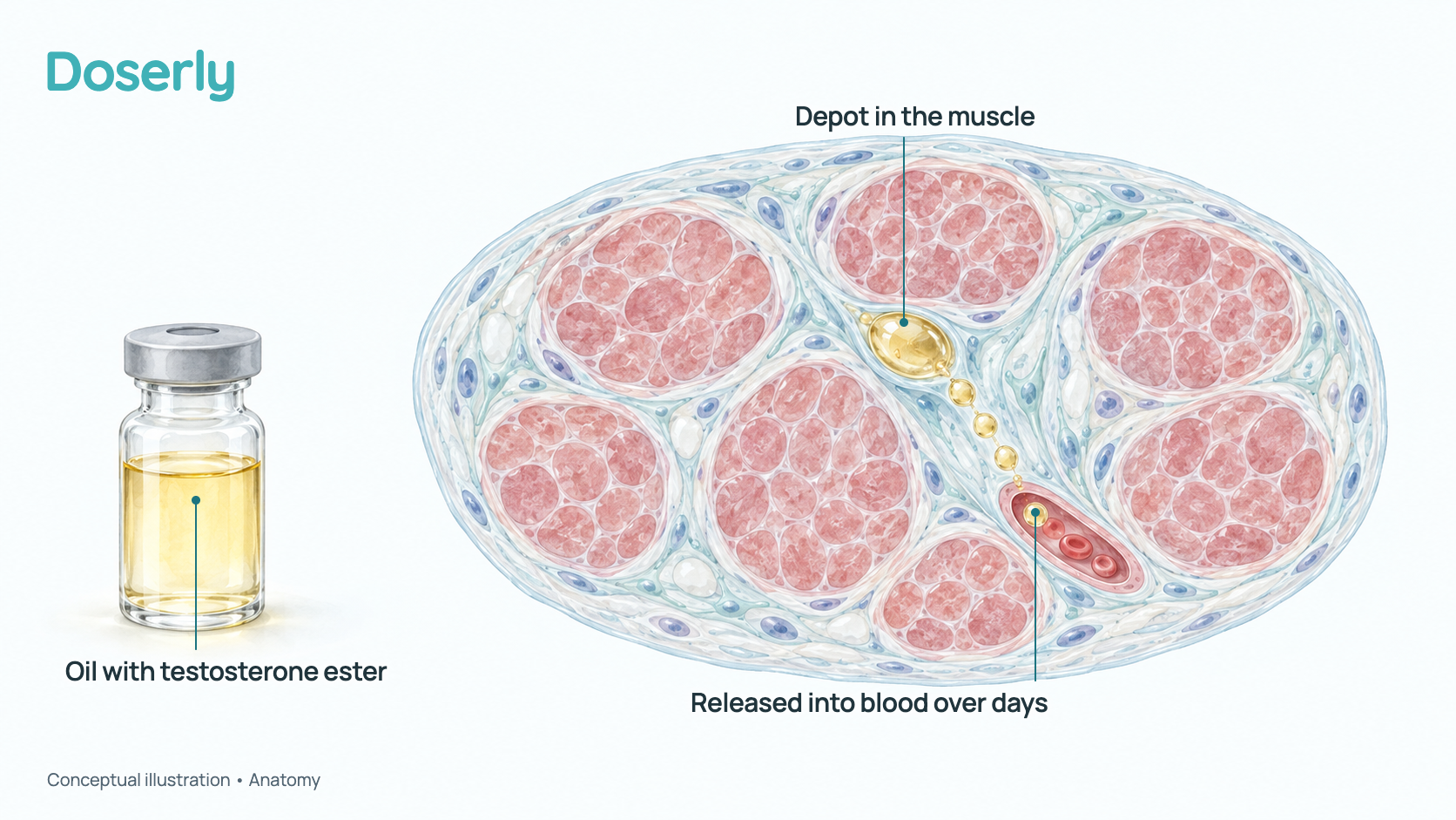 Conceptual illustration of a clear, unlabeled vial of oil beside a cross-section of muscle, where a small pool of injected oil slowly releases testosterone toward a nearby blood vessel. It shows anatomy, not a measured dose or blood level.